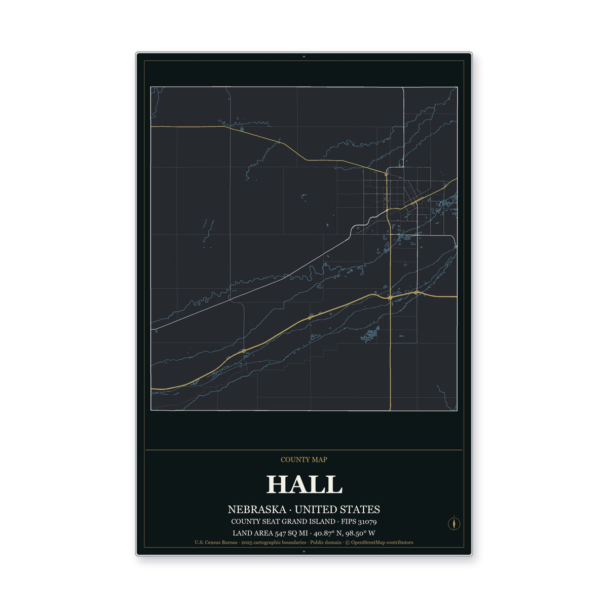 Hall County, Nebraska Map Aluminum Sign in Metropolitan Noir style