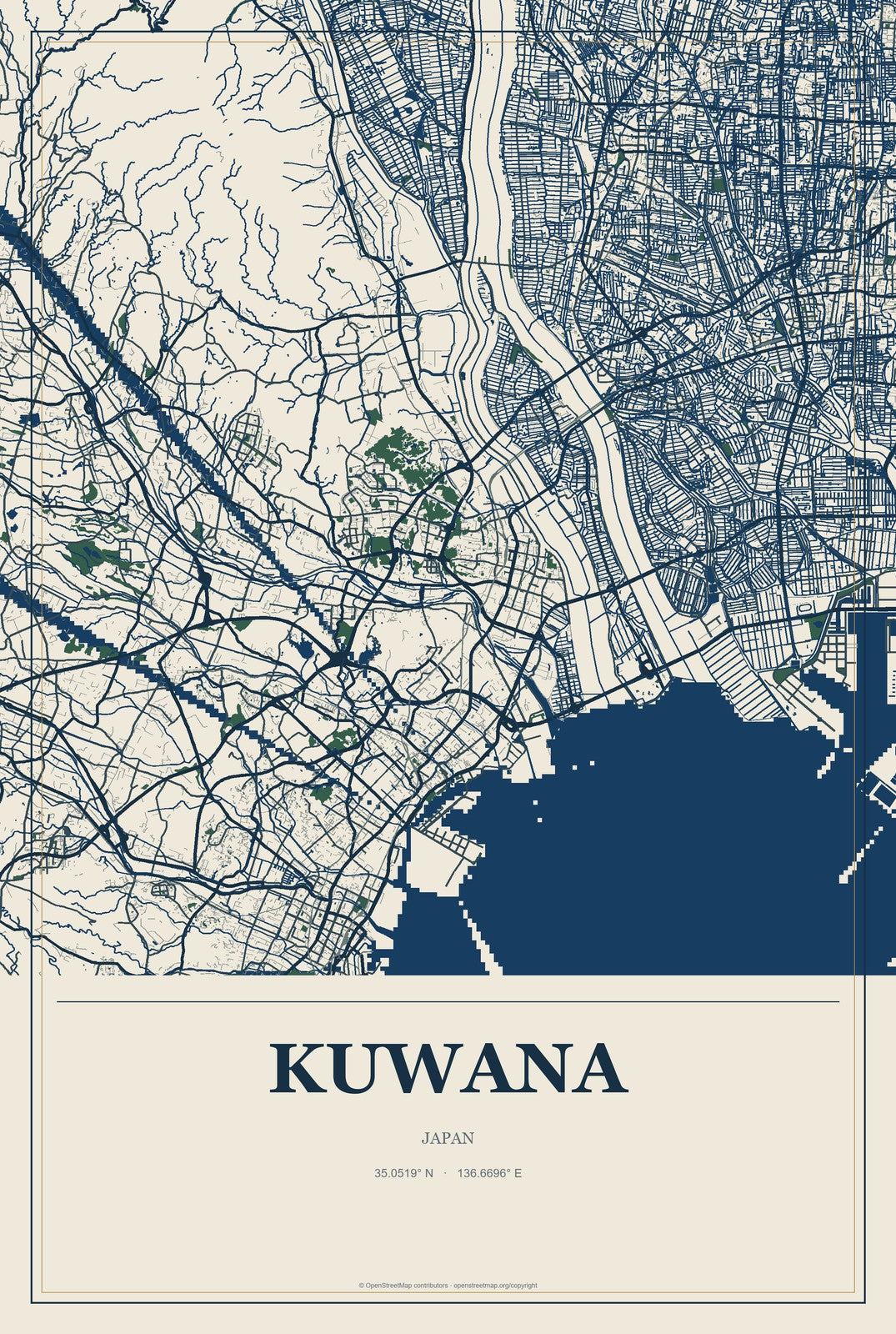 Kuwana, Japan City Map Aluminum Sign in Coastal Cutout style