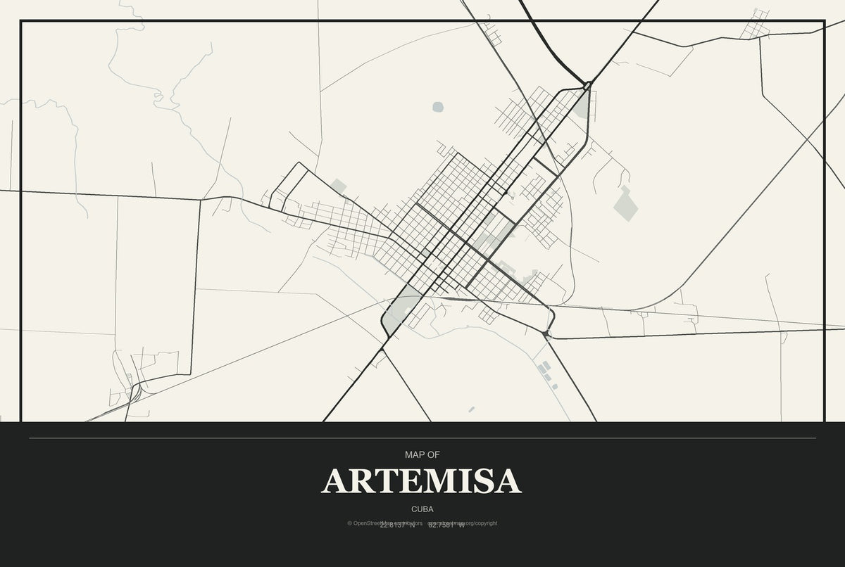Artemisa, Cuba City Map Aluminum Sign in Museum Plaque style