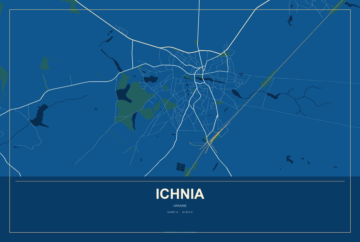 Ichnia, Ukraine City Map Aluminum Sign in Harbor Cobalt style