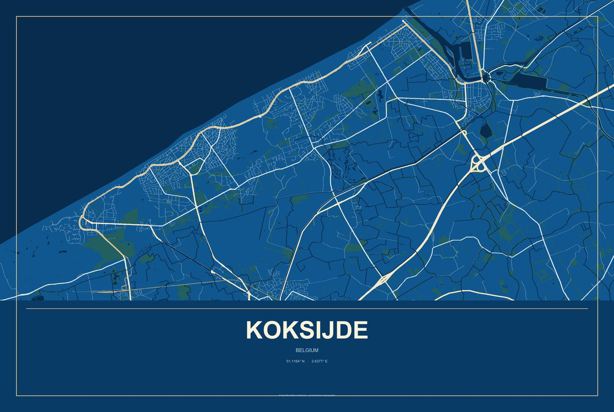 Koksijde, Belgium City Map Aluminum Sign in Harbor Cobalt style