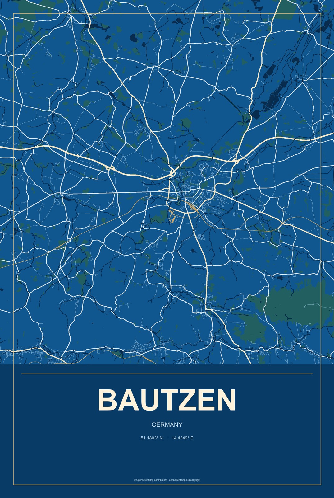 Bautzen, Germany City Map Aluminum Sign in Harbor Cobalt style