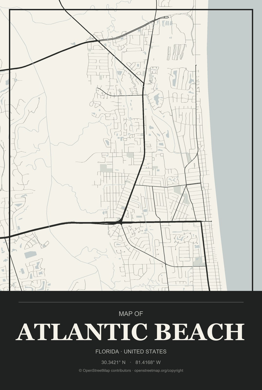 Atlantic Beach, Florida City Map Aluminum Sign in Museum Plaque style