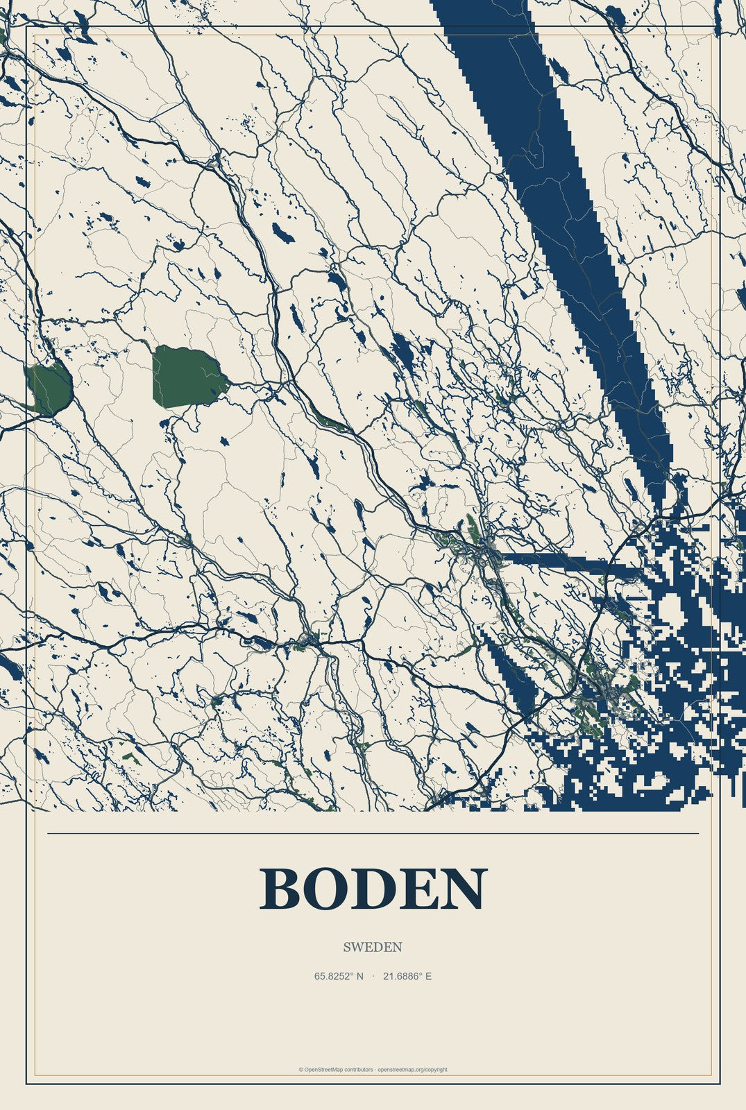 Boden, Sweden City Map Aluminum Sign in Coastal Cutout style