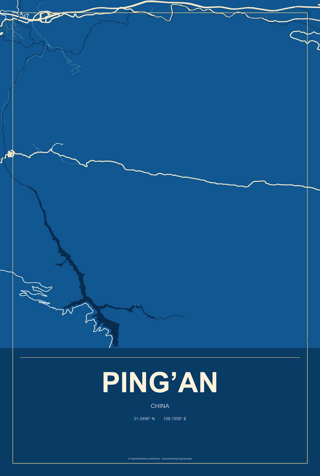 Ping’an, China City Map Aluminum Sign in Harbor Cobalt style