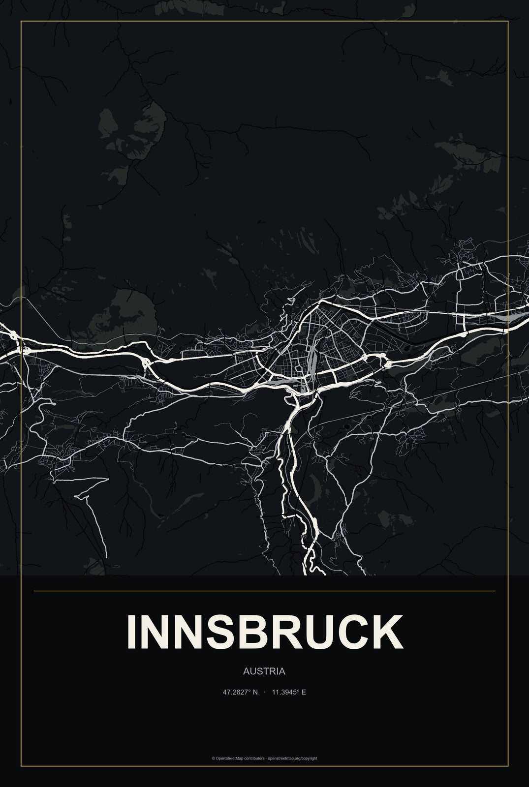 Innsbruck, Austria City Map Aluminum Sign in Metropolitan Noir style