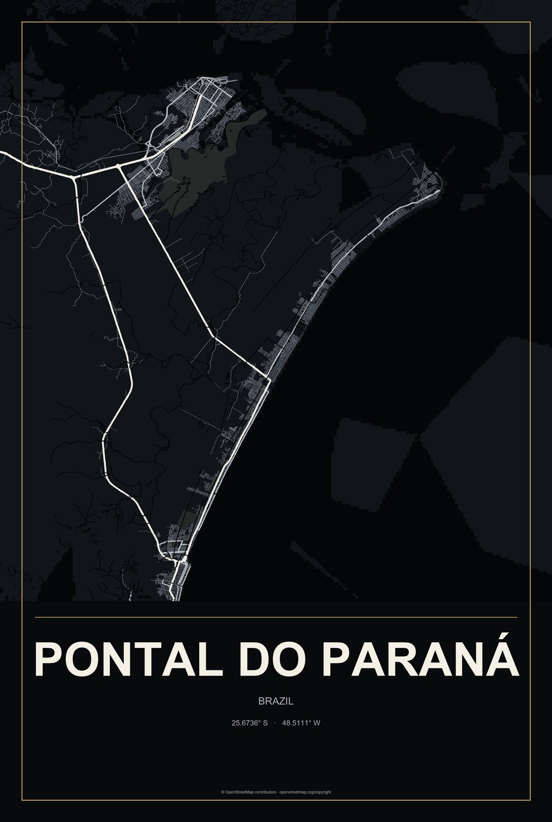 Pontal do Paraná, Brazil City Map Aluminum Sign in Metropolitan Noir style