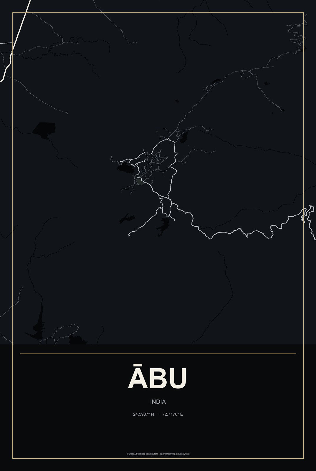 Ābu, India City Map Aluminum Sign in Metropolitan Noir style