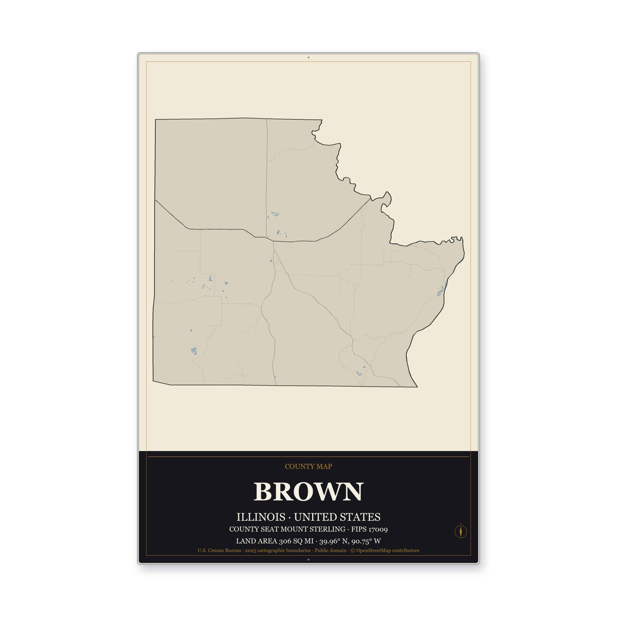 Brown County, Illinois Map Aluminum Sign in Museum Plaque style