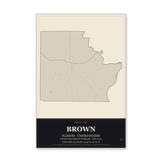 Brown County, Illinois Map Aluminum Sign in Museum Plaque style