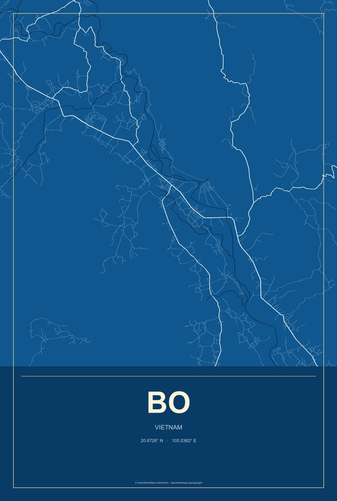 Bo, Vietnam City Map Aluminum Sign in Harbor Cobalt style