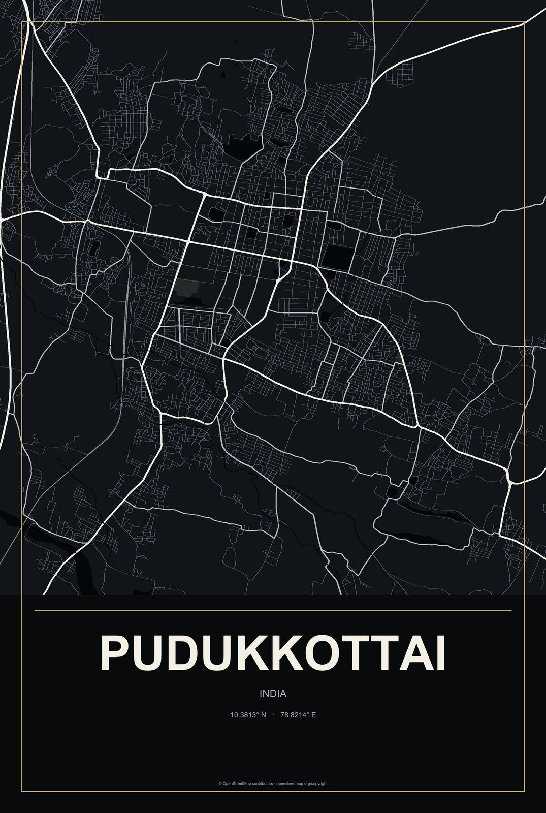 Pudukkottai, India City Map Aluminum Sign in Metropolitan Noir style