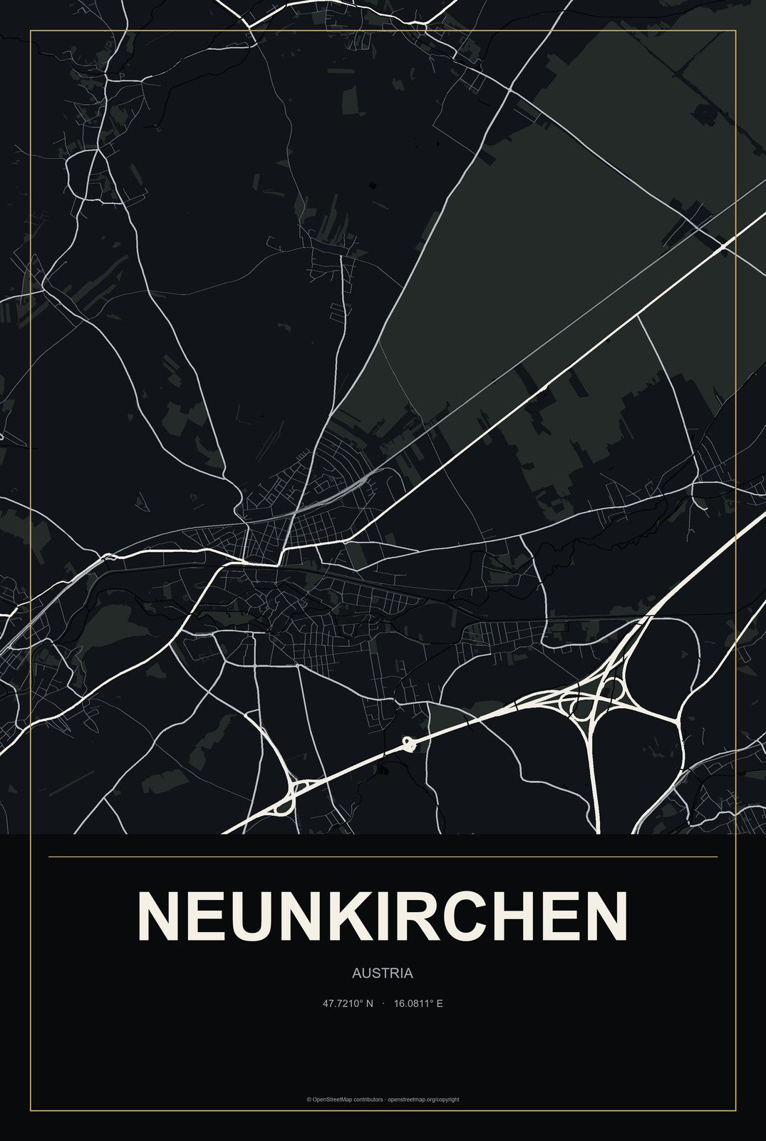 Neunkirchen, Austria City Map Aluminum Sign in Metropolitan Noir style