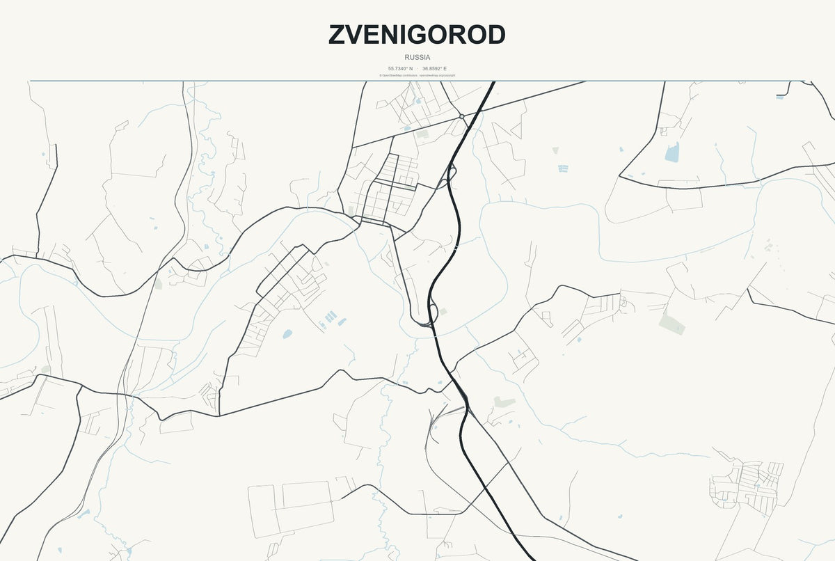 Zvenigorod, Russia City Map Aluminum Sign in Headline Atlas style