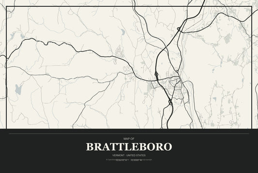 Brattleboro, Vermont City Map Aluminum Sign in Museum Plaque style