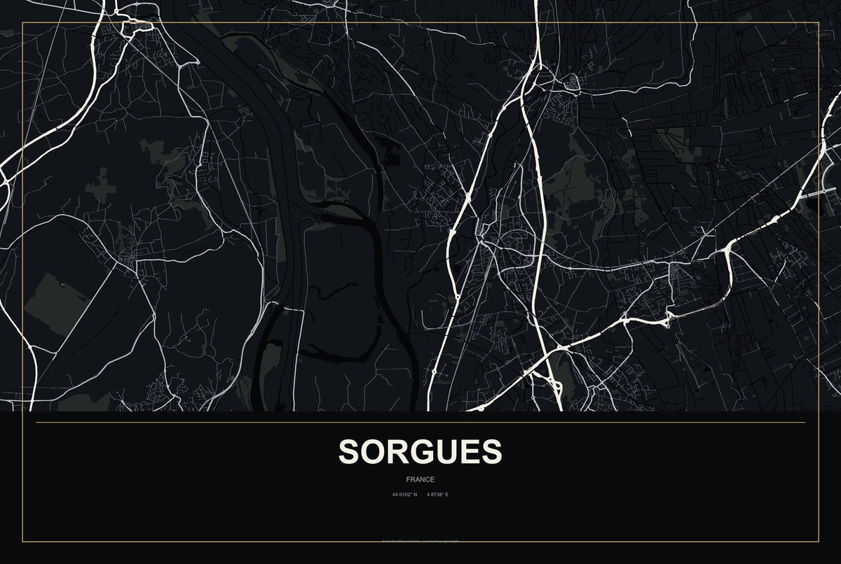 Sorgues, France City Map Aluminum Sign in Metropolitan Noir style
