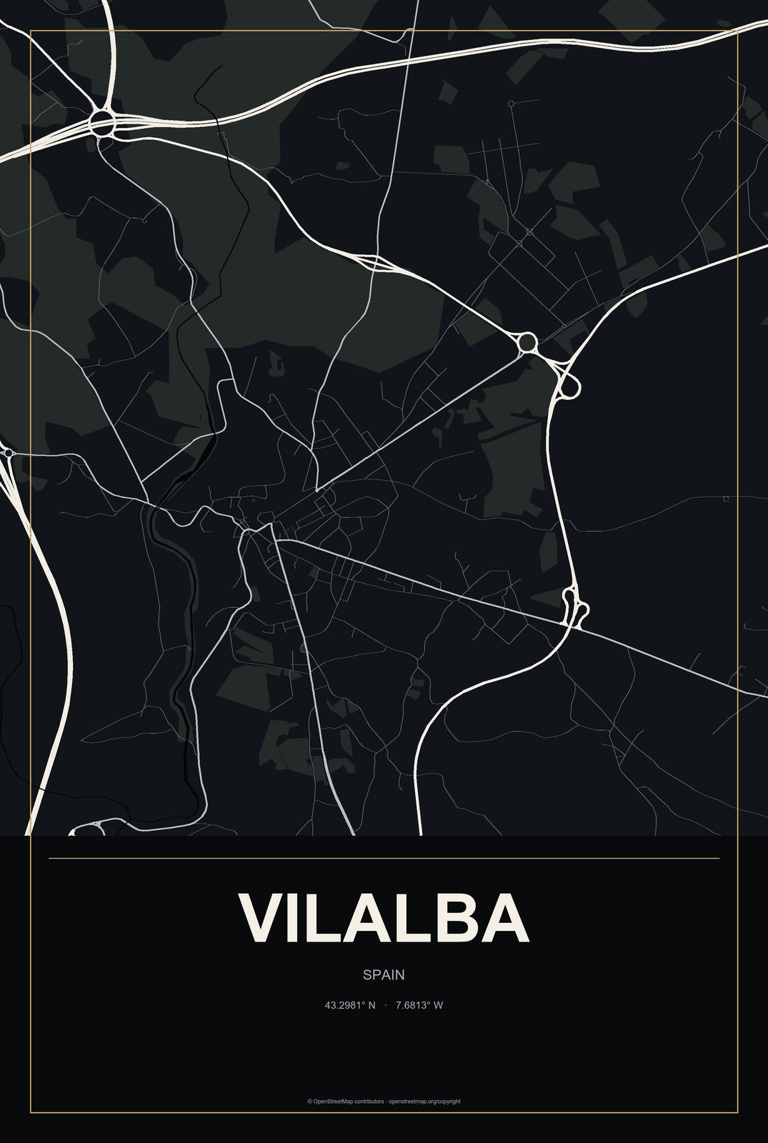 Vilalba, Spain City Map Aluminum Sign in Metropolitan Noir style
