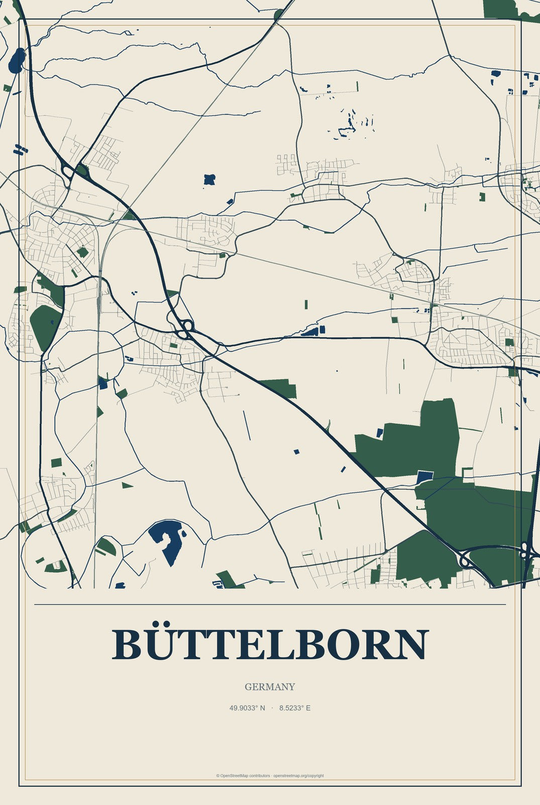 Büttelborn, Germany City Map Aluminum Sign in Coastal Cutout style