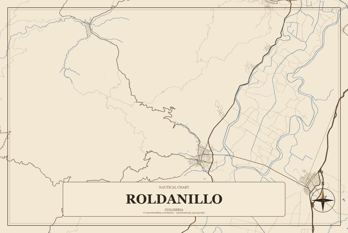Roldanillo, Colombia City Map Aluminum Sign in Heritage Nautical style