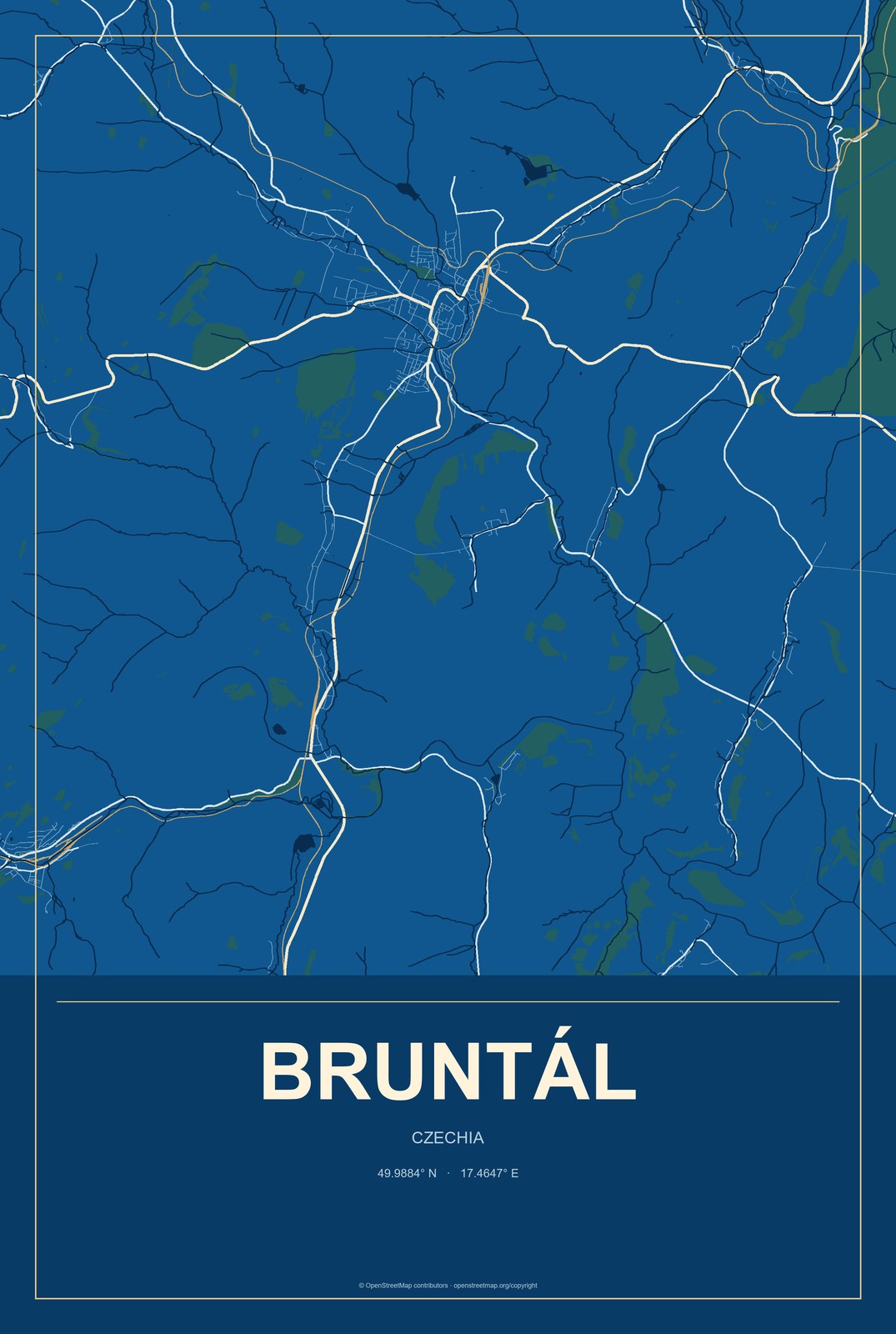 Bruntál, Czechia City Map Aluminum Sign in Harbor Cobalt style