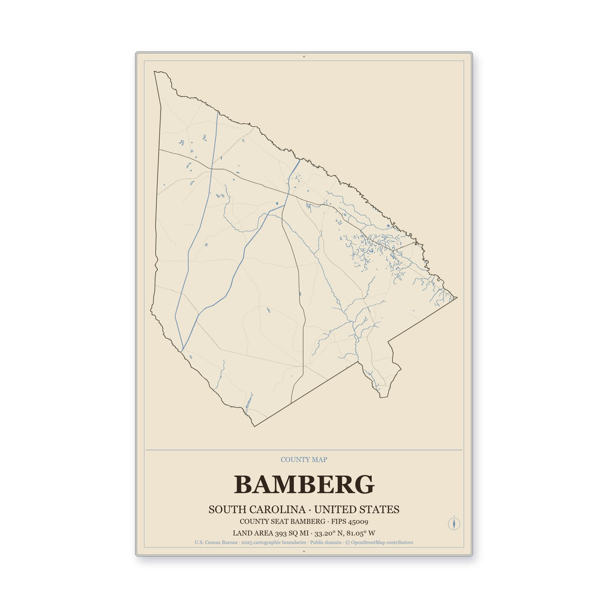 Bamberg County, South Carolina Map Aluminum Sign in Heritage Nautical style