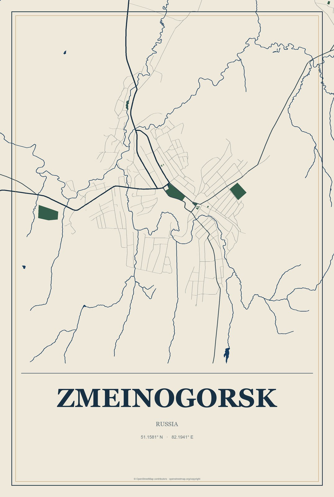 Zmeinogorsk, Russia City Map Aluminum Sign in Coastal Cutout style