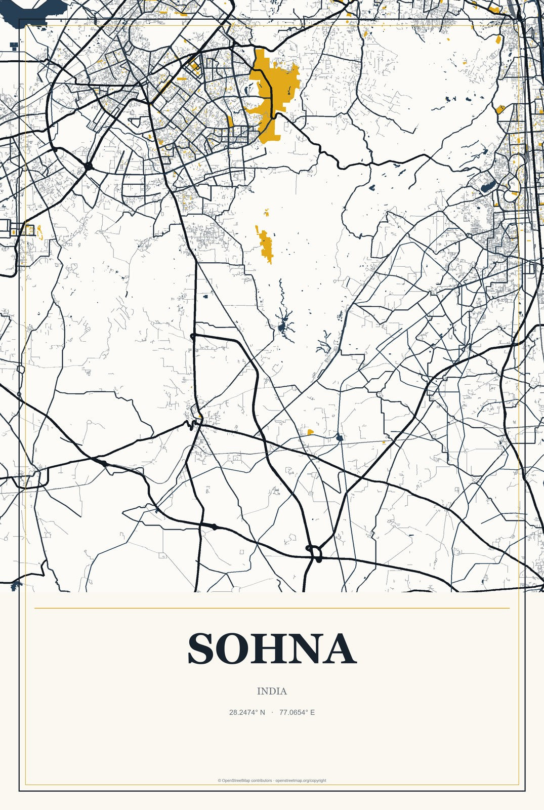 Sohna, India City Map Aluminum Sign in Citrine Modern style