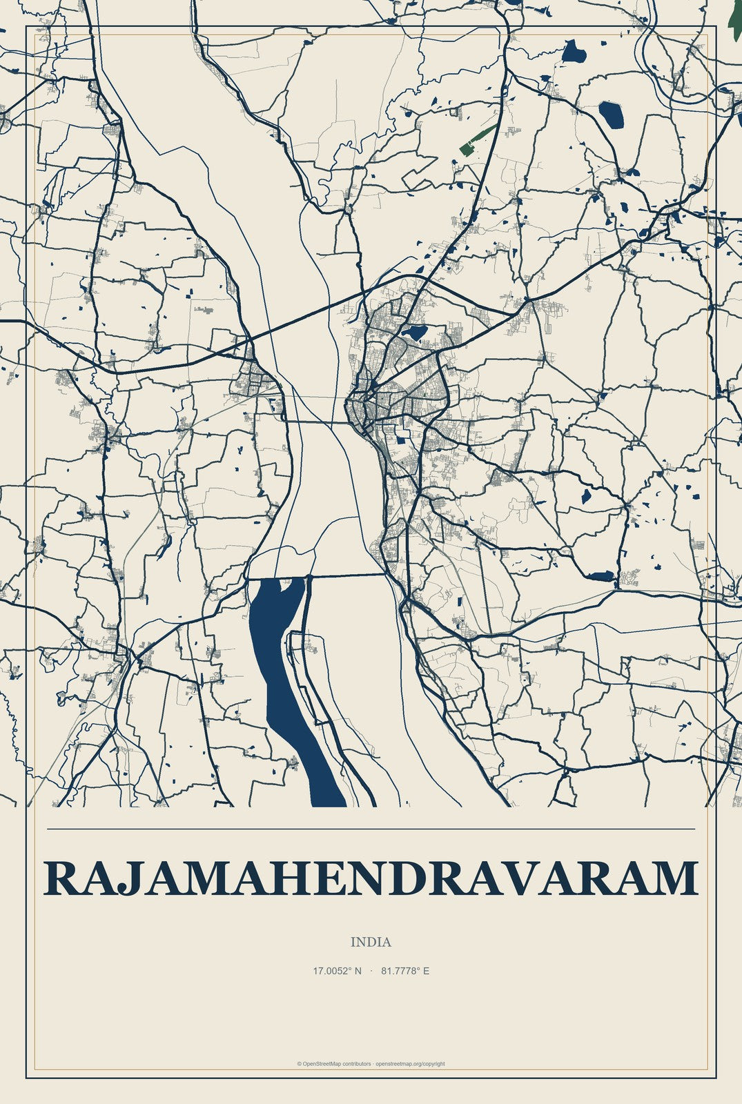 Rajamahendravaram, India City Map Aluminum Sign in Coastal Cutout style