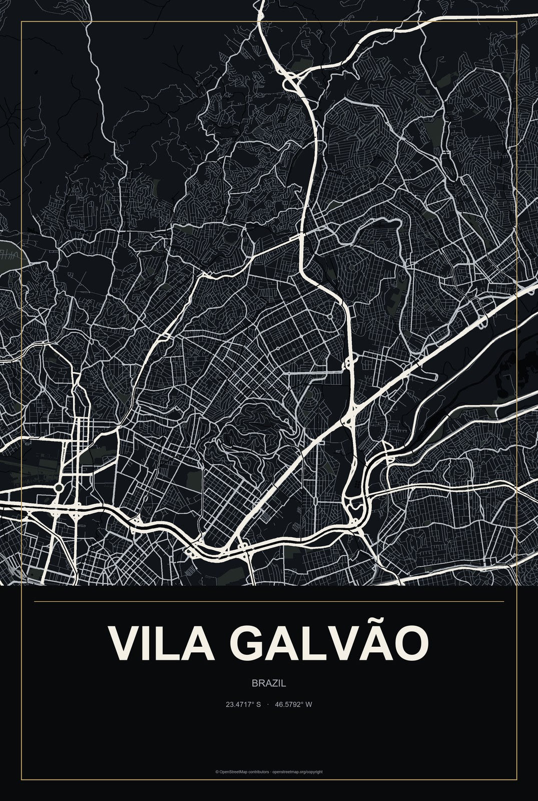 Vila Galvão, Brazil City Map Aluminum Sign in Metropolitan Noir style