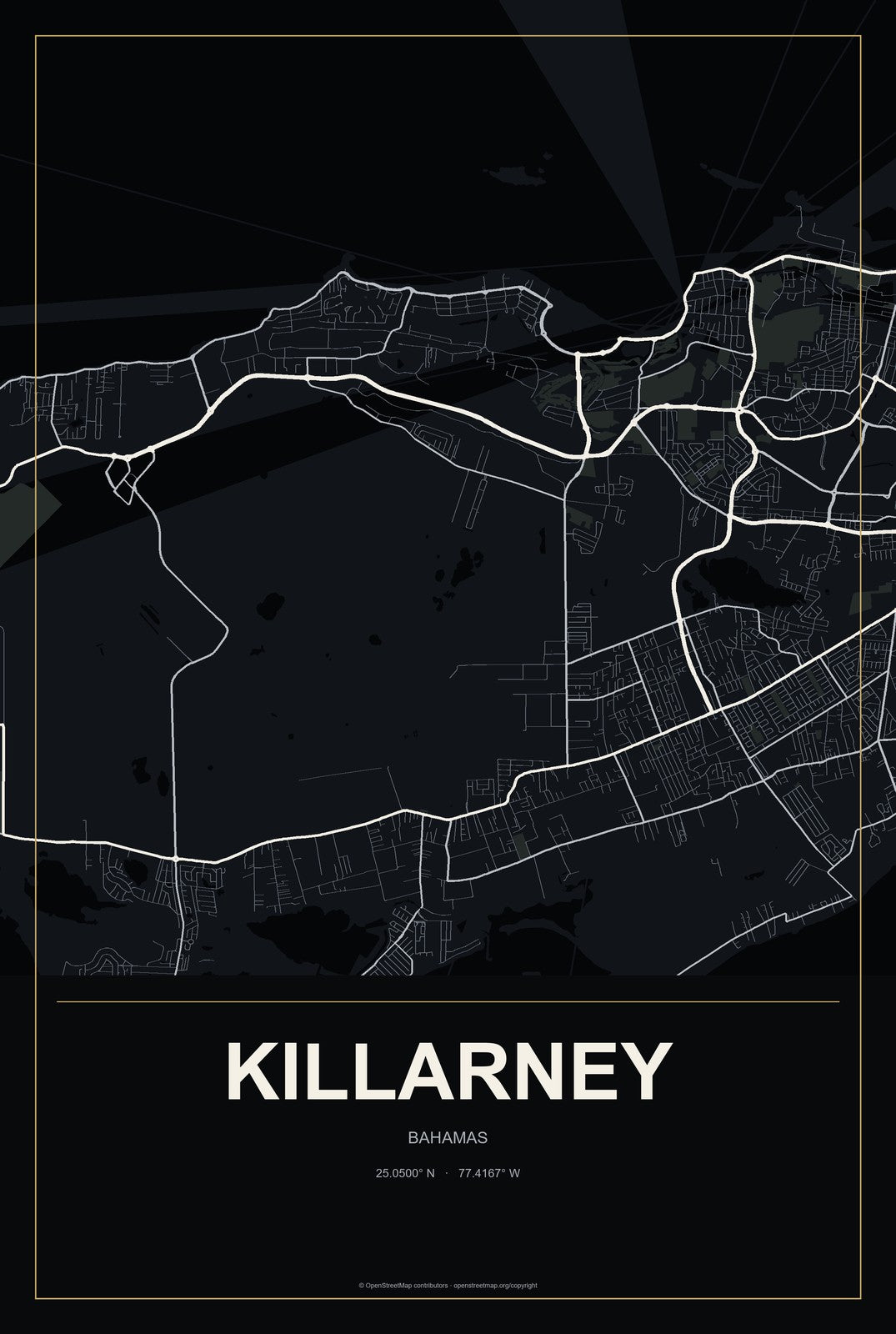 Killarney, Bahamas City Map Aluminum Sign in Metropolitan Noir style