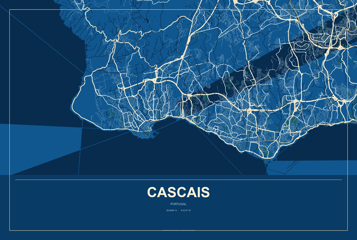 Cascais, Portugal City Map Aluminum Sign in Harbor Cobalt style