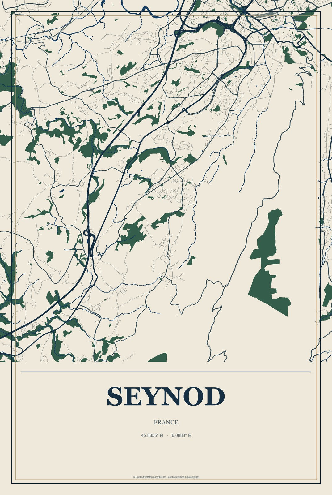Seynod, France City Map Aluminum Sign in Coastal Cutout style