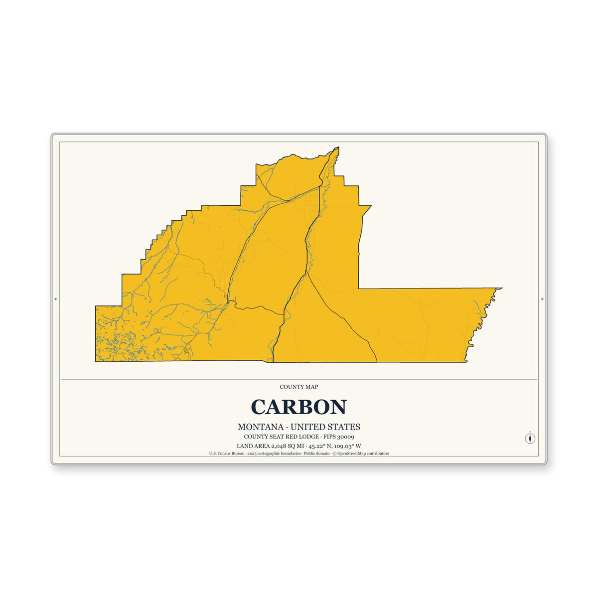 Carbon County, Montana Map Aluminum Sign in Citrine Modern style