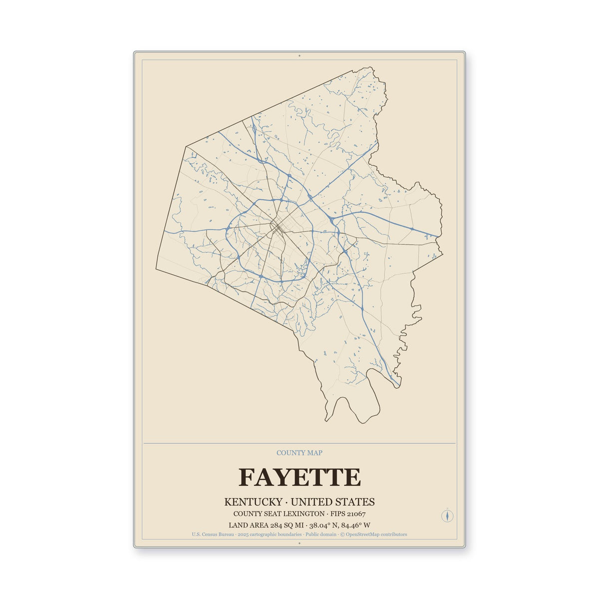 Fayette County, Kentucky Map Aluminum Sign in Heritage Nautical style