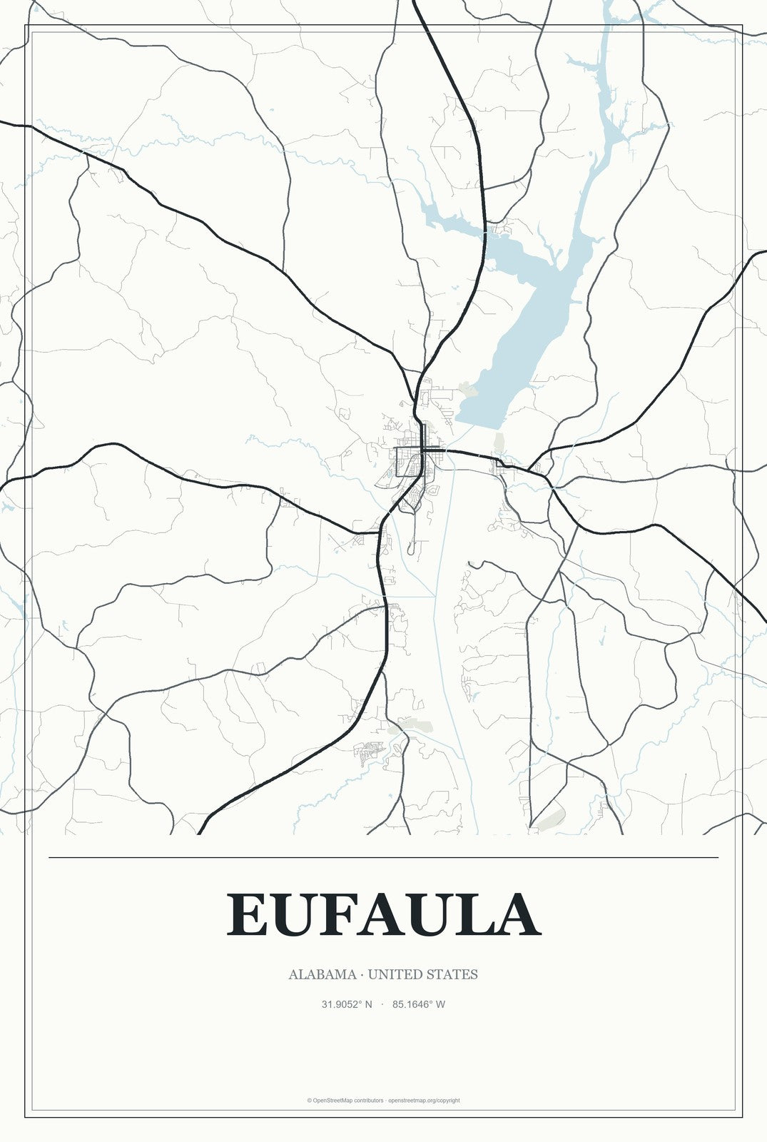 Eufaula, Alabama City Map Aluminum Sign in Gallery Air style