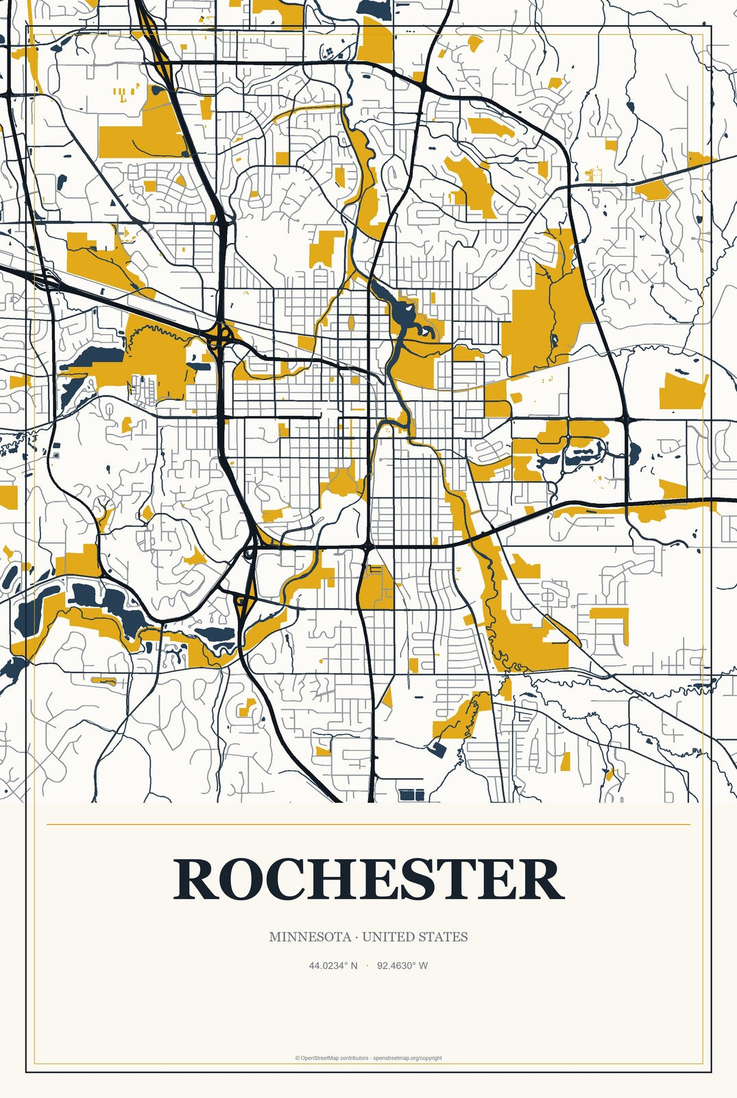 Rochester, Minnesota City Map Aluminum Sign in Citrine Modern style