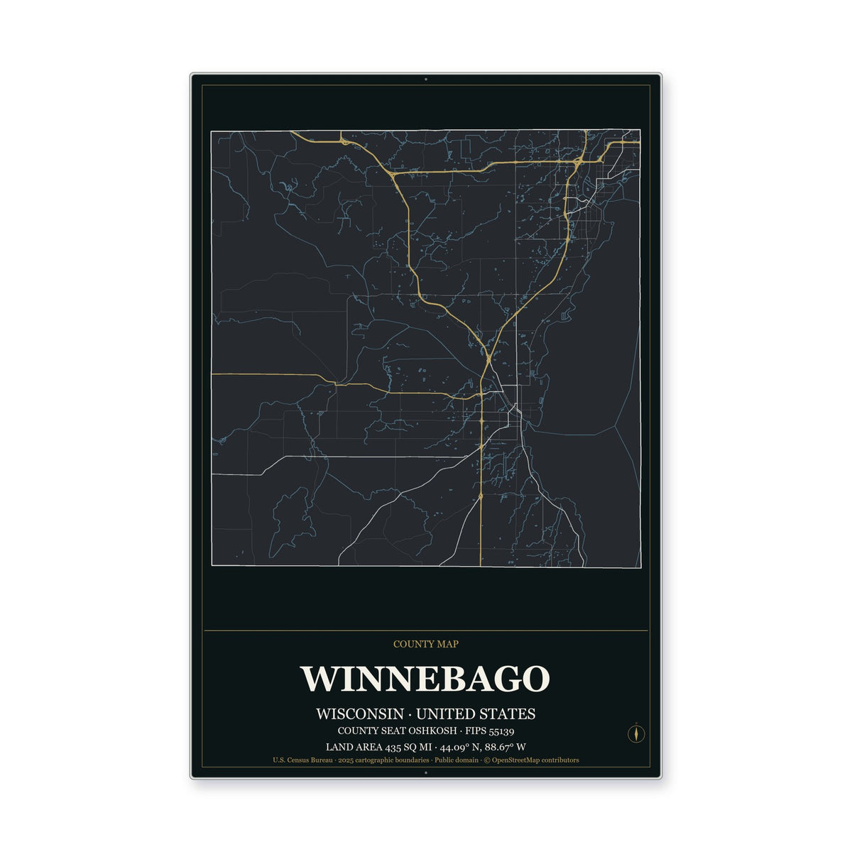 Winnebago County, Wisconsin Map Aluminum Sign in Metropolitan Noir style