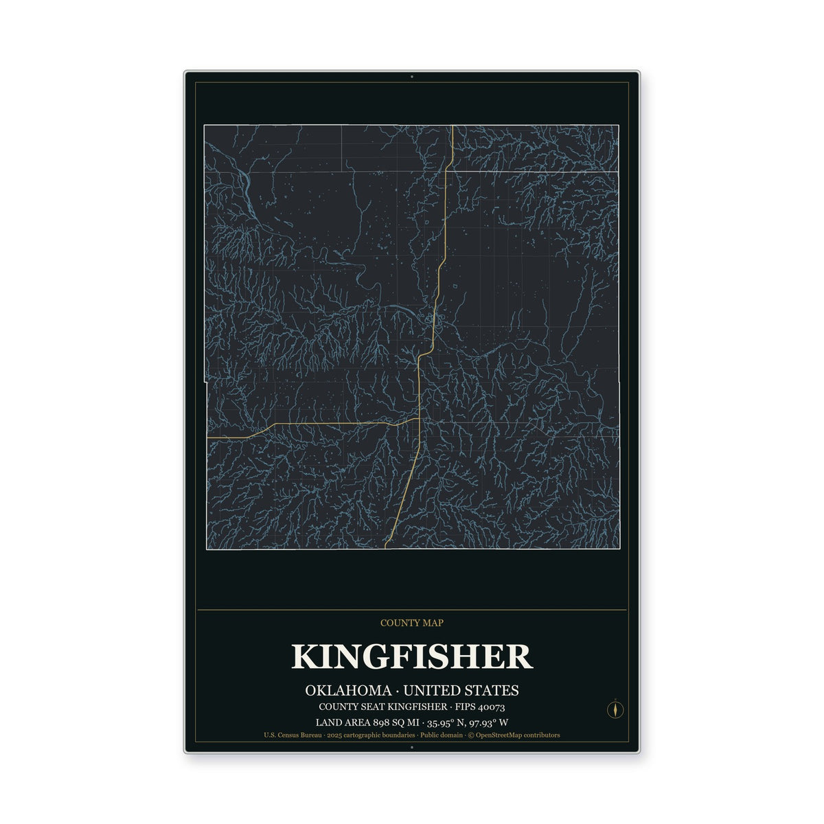 Kingfisher County, Oklahoma Map Aluminum Sign in Metropolitan Noir style