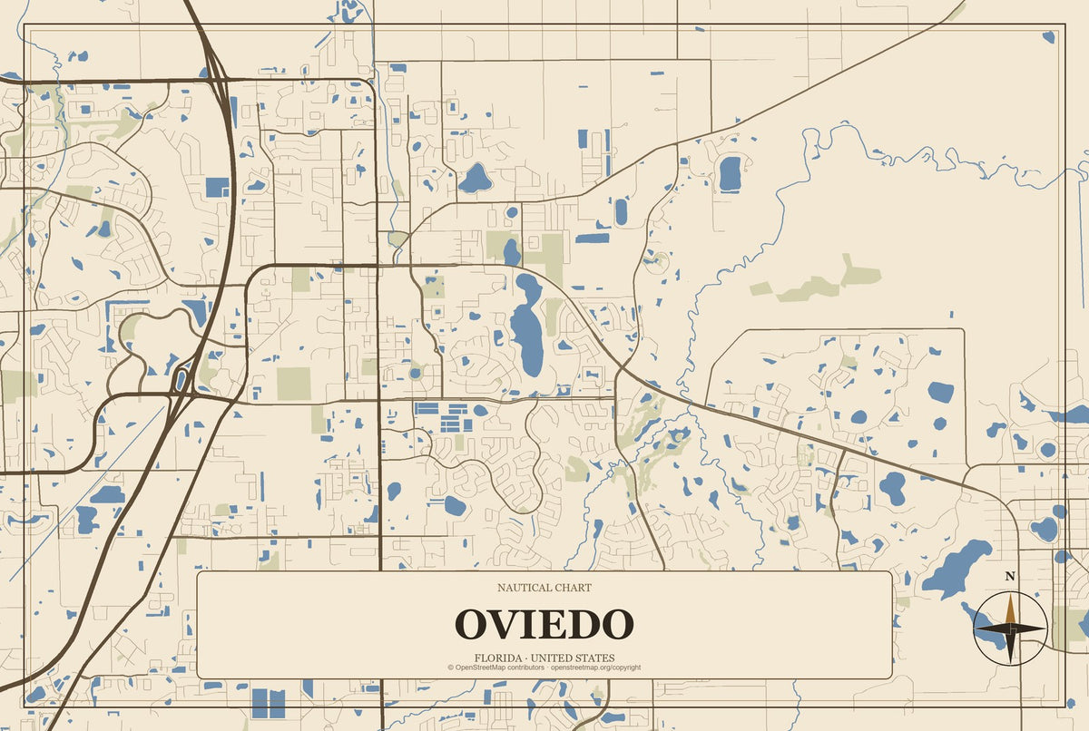 Oviedo, Florida City Map Aluminum Sign in Heritage Nautical style