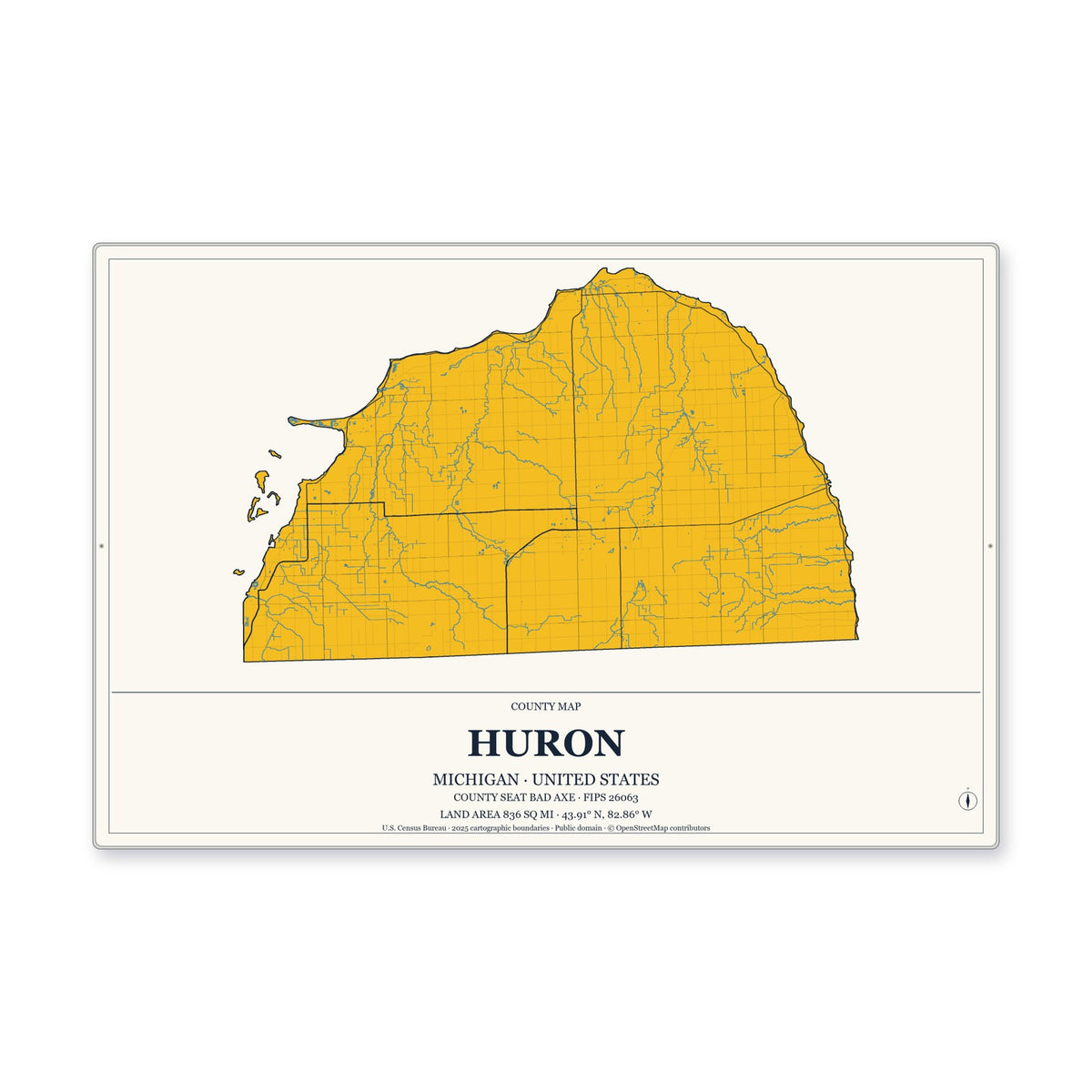 Huron County, Michigan Map Aluminum Sign in Citrine Modern style