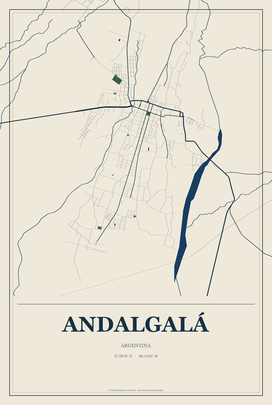 Andalgalá, Argentina City Map Aluminum Sign in Coastal Cutout style