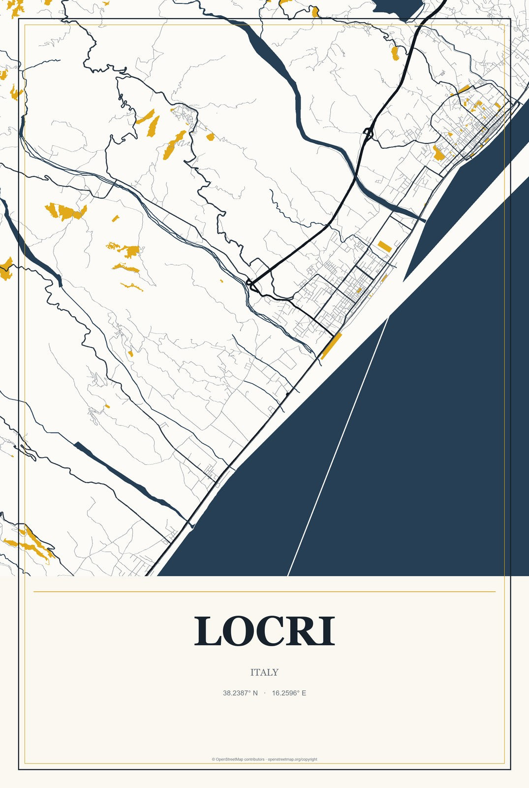 Locri, Italy City Map Aluminum Sign in Citrine Modern style