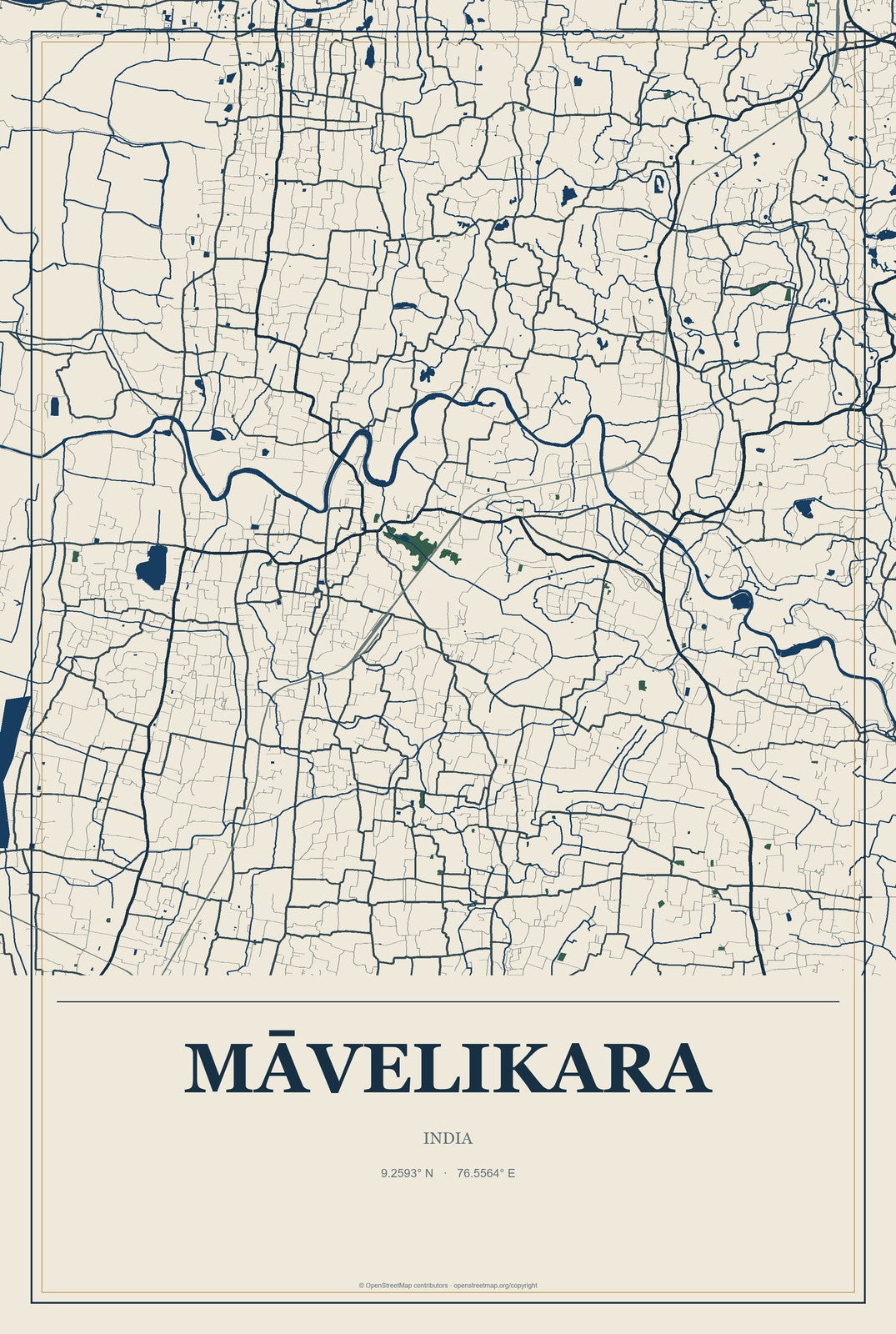 Māvelikara, India City Map Aluminum Sign in Coastal Cutout style