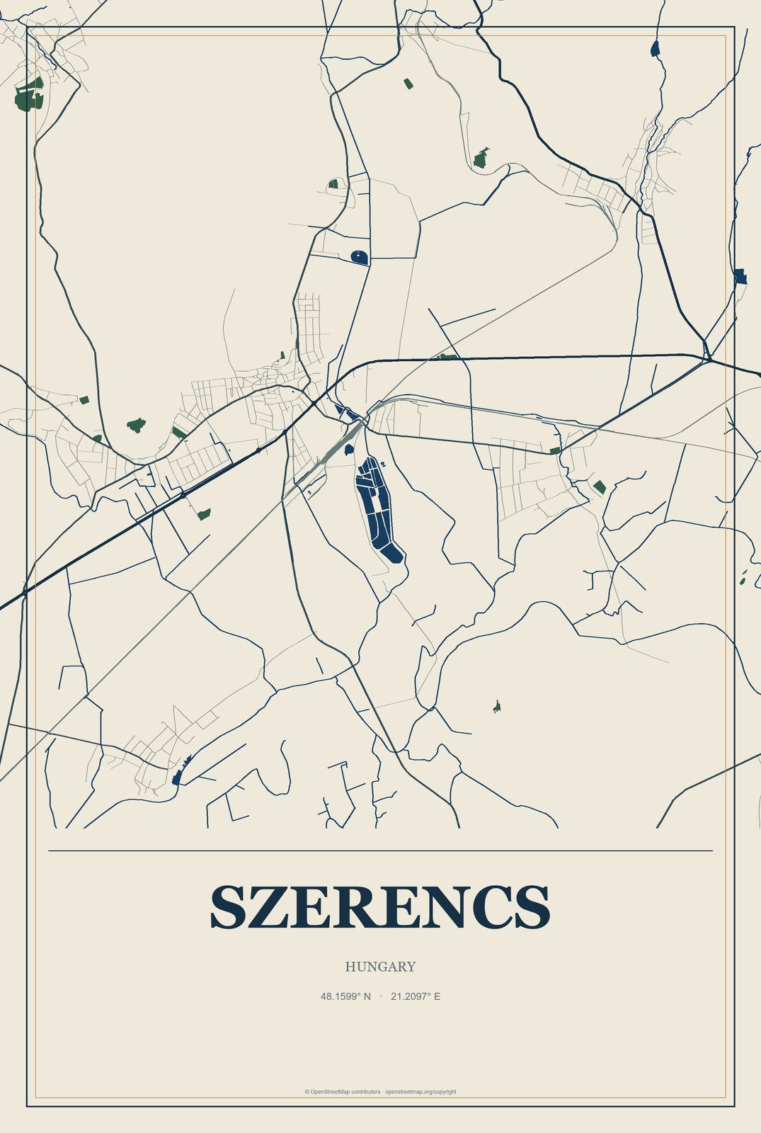 Szerencs, Hungary City Map Aluminum Sign in Coastal Cutout style