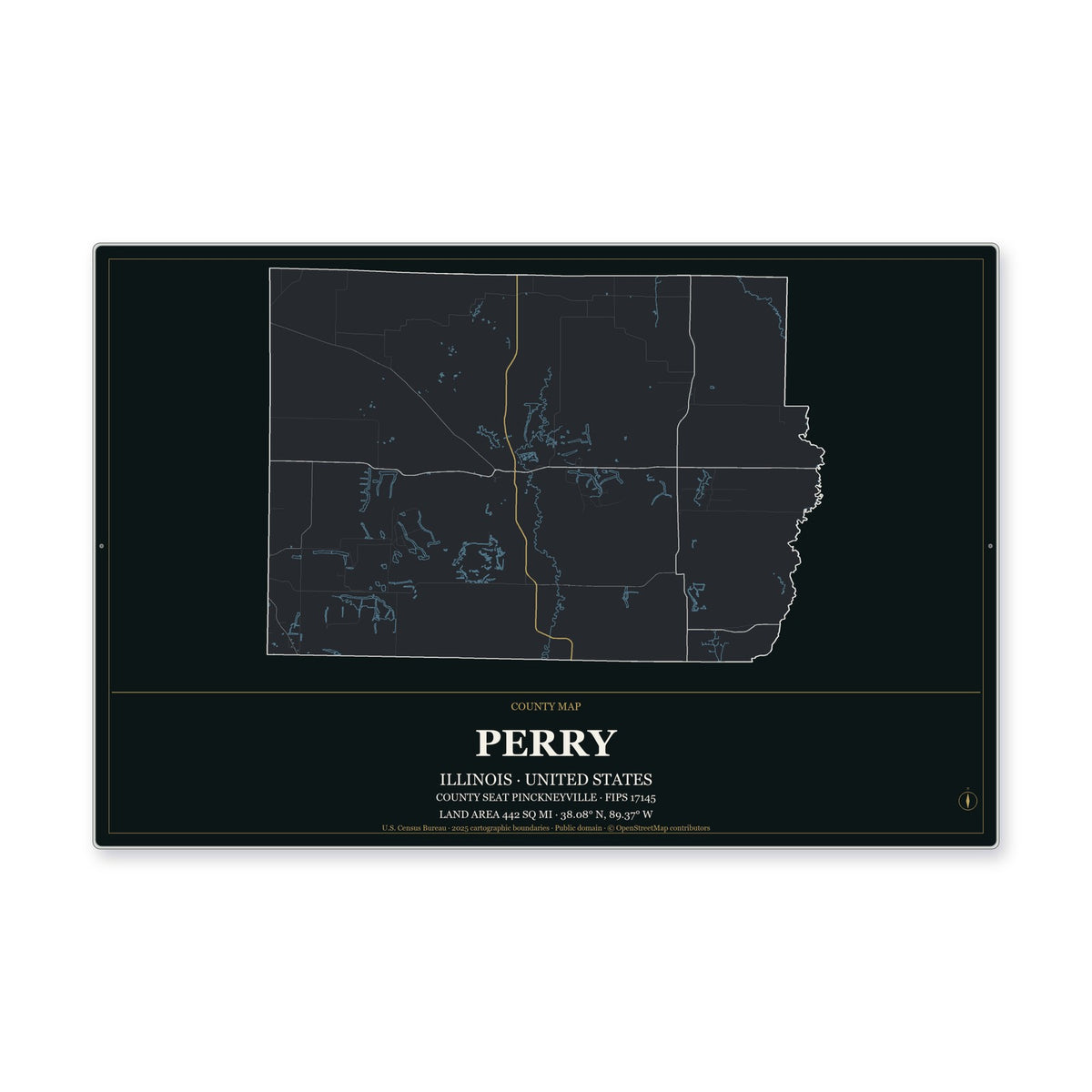 Perry County, Illinois Map Aluminum Sign in Metropolitan Noir style
