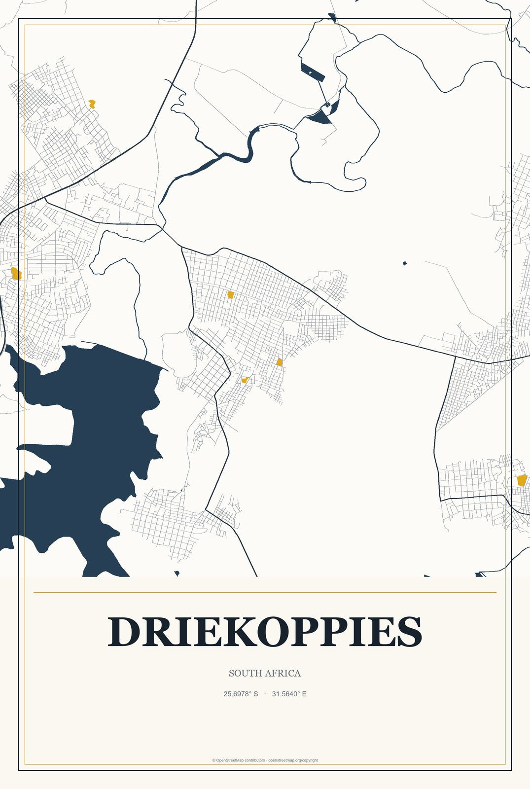 Driekoppies, South Africa City Map Aluminum Sign in Citrine Modern style