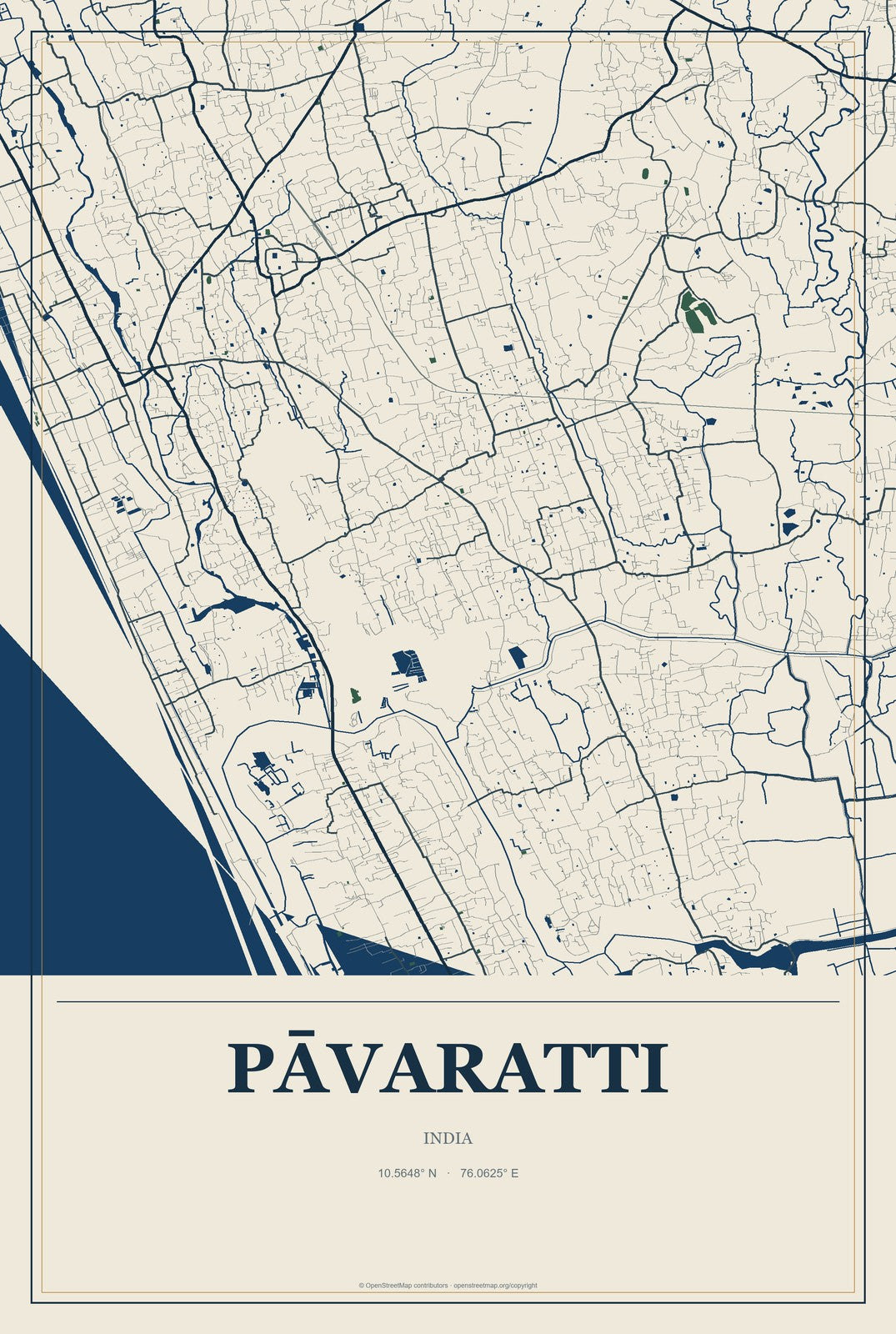 Pāvaratti, India City Map Aluminum Sign in Coastal Cutout style