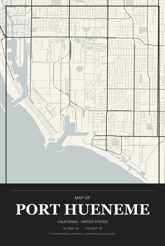 Port Hueneme, California City Map Aluminum Sign in Museum Plaque style