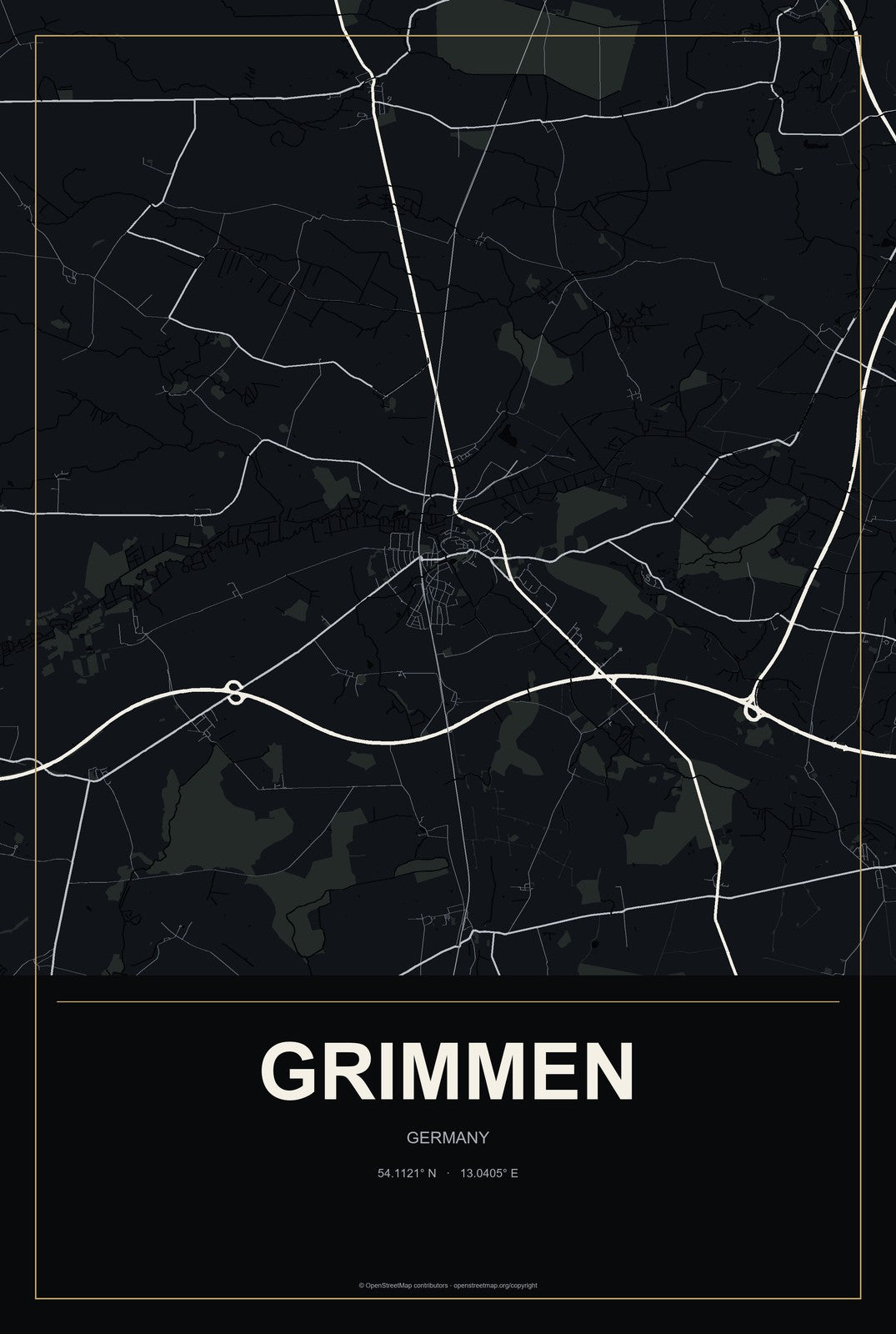 Grimmen, Germany City Map Aluminum Sign in Metropolitan Noir style