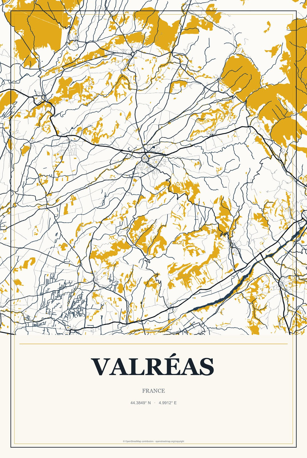 Valréas, France City Map Aluminum Sign in Citrine Modern style